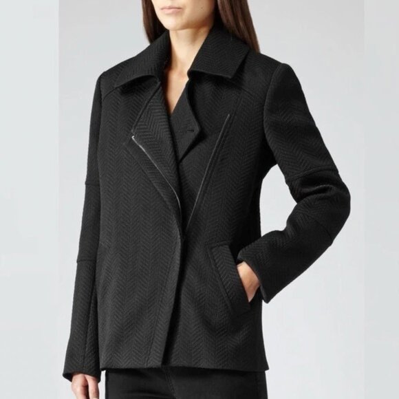 Reiss Jackets & Blazers - $318 Reiss Black Textured Asymmetric Zip Lyndon Jacket size 6